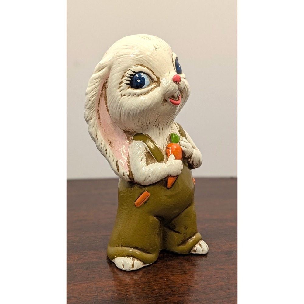 Handmade Ceramic Bunny Rabbit Figurine Holding Carrot Folk Art 6.5" Tall